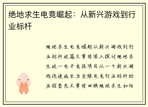 绝地求生电竞崛起：从新兴游戏到行业标杆